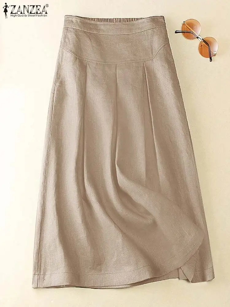 

2023 ZANZEA Summer High Waist A-line Skirts Women Vintage Solid Mid-calf Skirt Elegant Ladies Cotton Faldas Saia Party Jupe