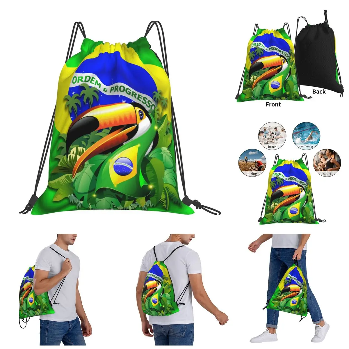 

Toco Toucan On Brazil Flag Drawstring Bags Gym Bag Unique Backpack Funny Novelty Infantry pack