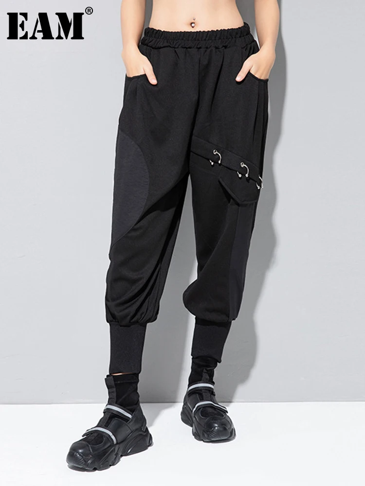 

[EAM] High Elastic Waist Black Brief Circle Long Harem Pants New Loose Fit Trousers Women Fashion Spring Autumn 2022 1DF1908