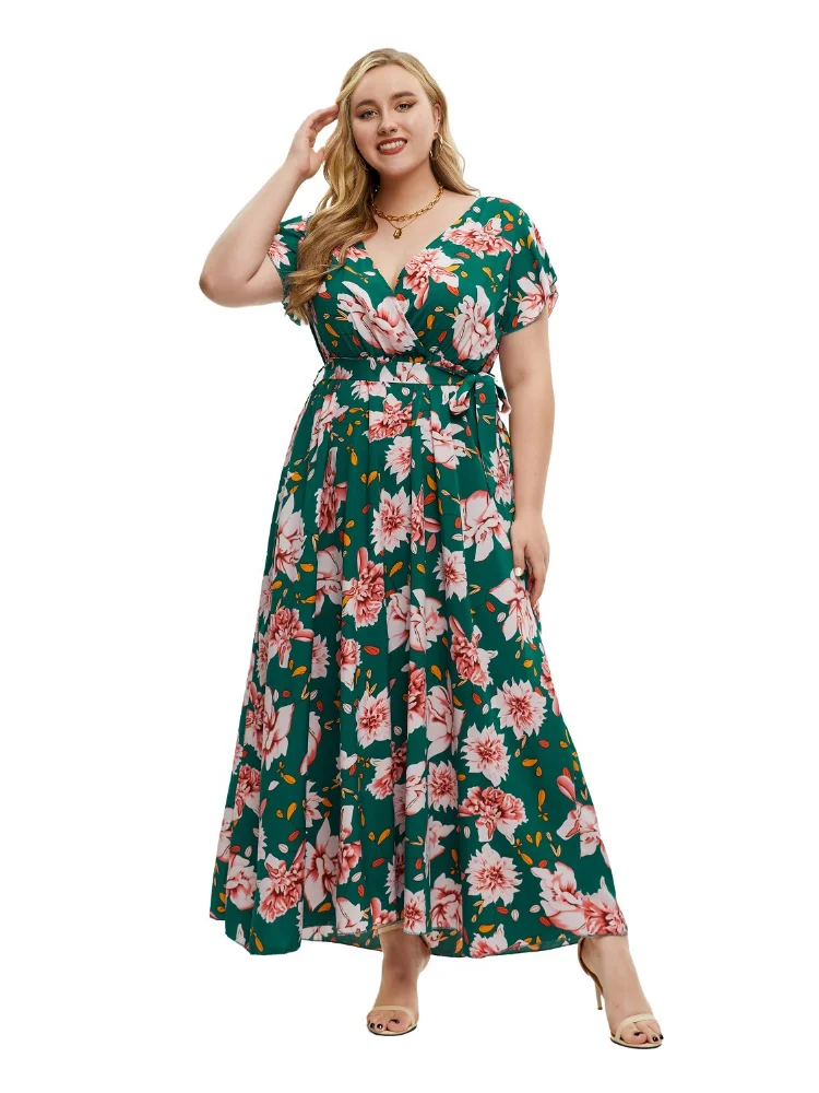 Large size women's summer new short sleeve print split dress plus size women clothing  evening dresses
