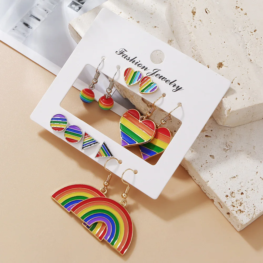 

6pair/set Colorful Rainbow Earrings for Women Alloy Dropping Oil Ear Pendants Creative Jewelry Fashion Party Accessories