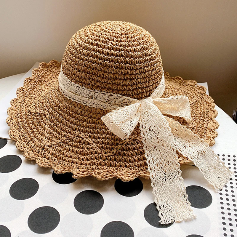 

2023 New Women's Summer Bucket Folding Lace Bow Crochet Straw Hat Panamas UV Protection Big Brim Sun Visor Seaside Beach Hat