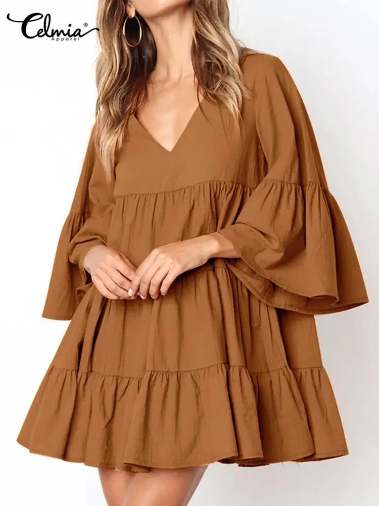 

Sexy V Neck Solid Party Sundress Celmia Women Flared 3/4 Sleeve Mini Dress 2022 Summer Casual Loose Pleated Layers Short Vestido
