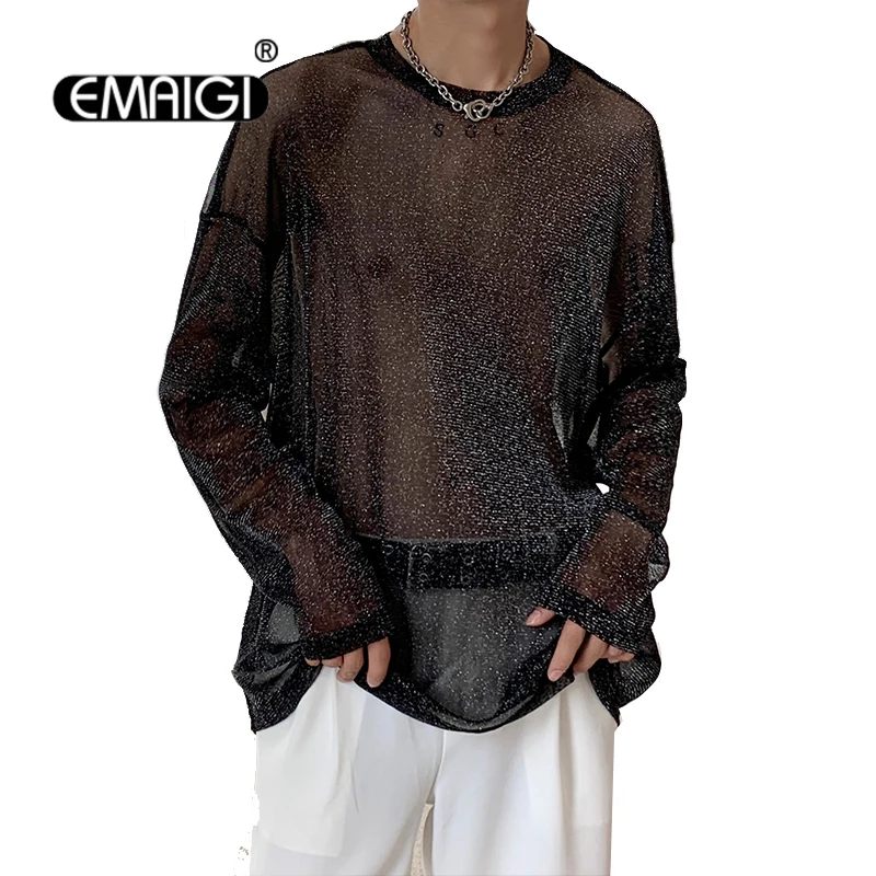 

Tshirt Men See Through Mesh Long Sleeve Loose Casual Vintage T-shirt Nightclub Dress Up Stage Clothing Male Vintage T Shirts