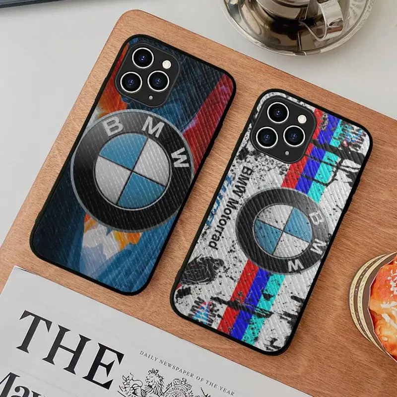 Роскошный брендовый чехол для телефона с логотипом автомобиля BMW жесткий кожаный