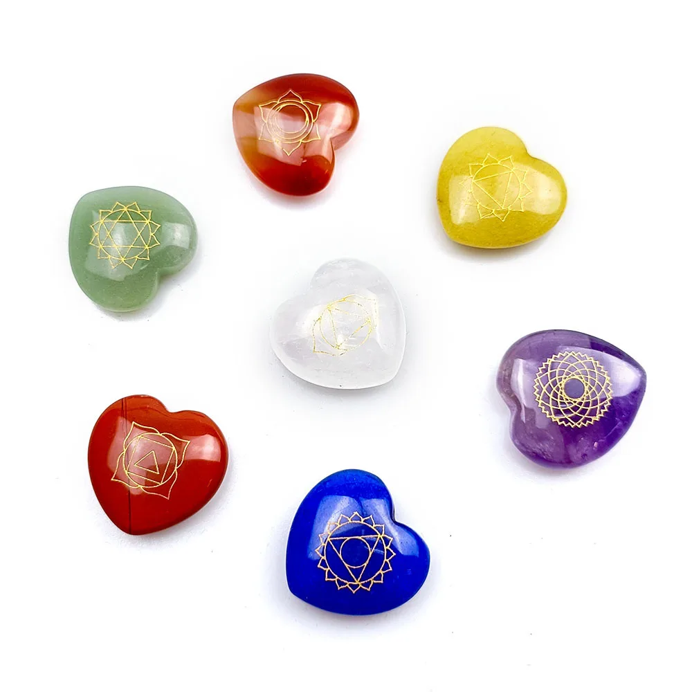 

Heart 7 Chakras Stone Set Meditation Beads Yoga Symbol Healing Natural Energy Charms Amethysts White Crystal Decoration Gift