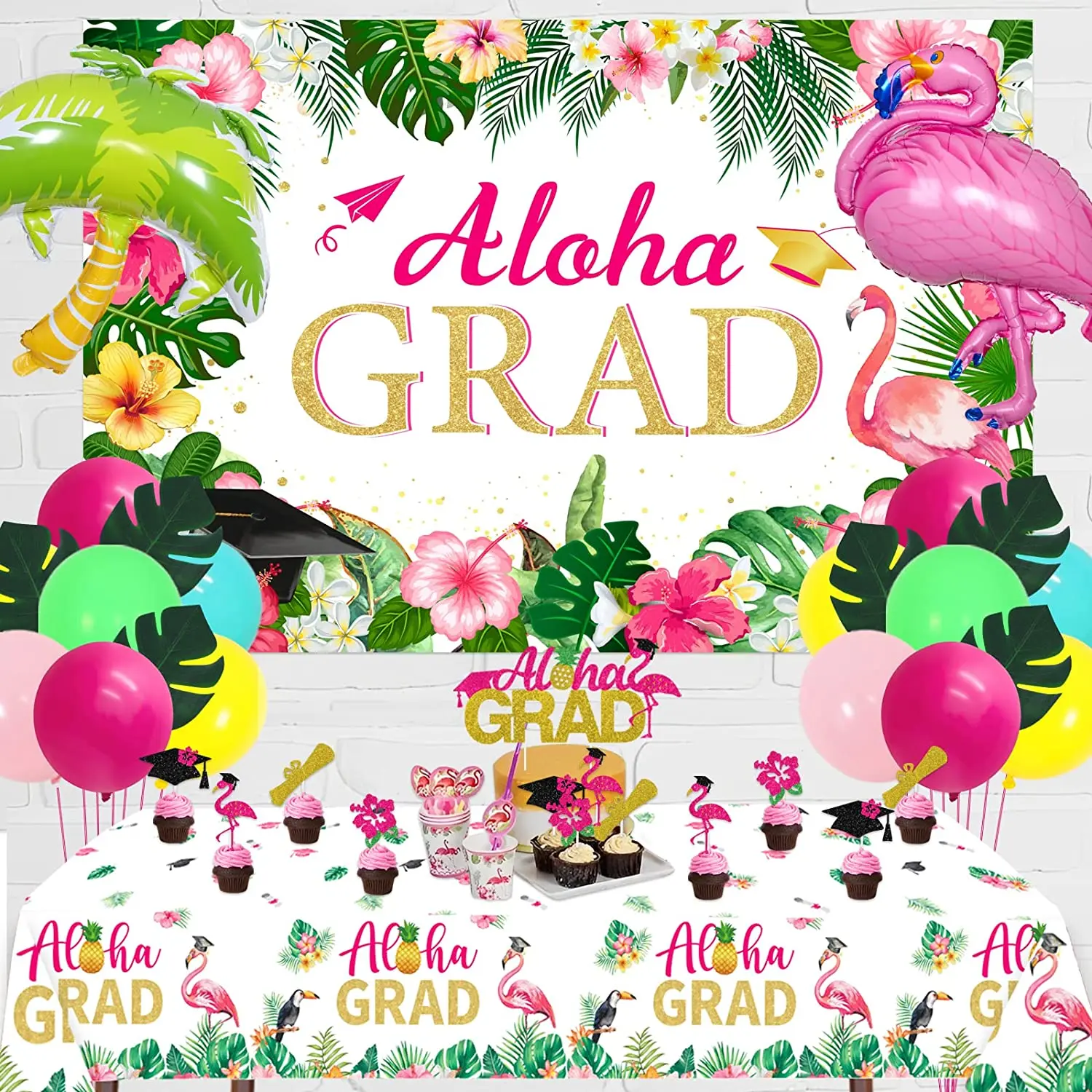 

Tropical Graduation Party Decorations Congrats Grad Cupcake Toppers Aloha Grad Backdrop Tablecloth Balloons Flamingo Palm Tree