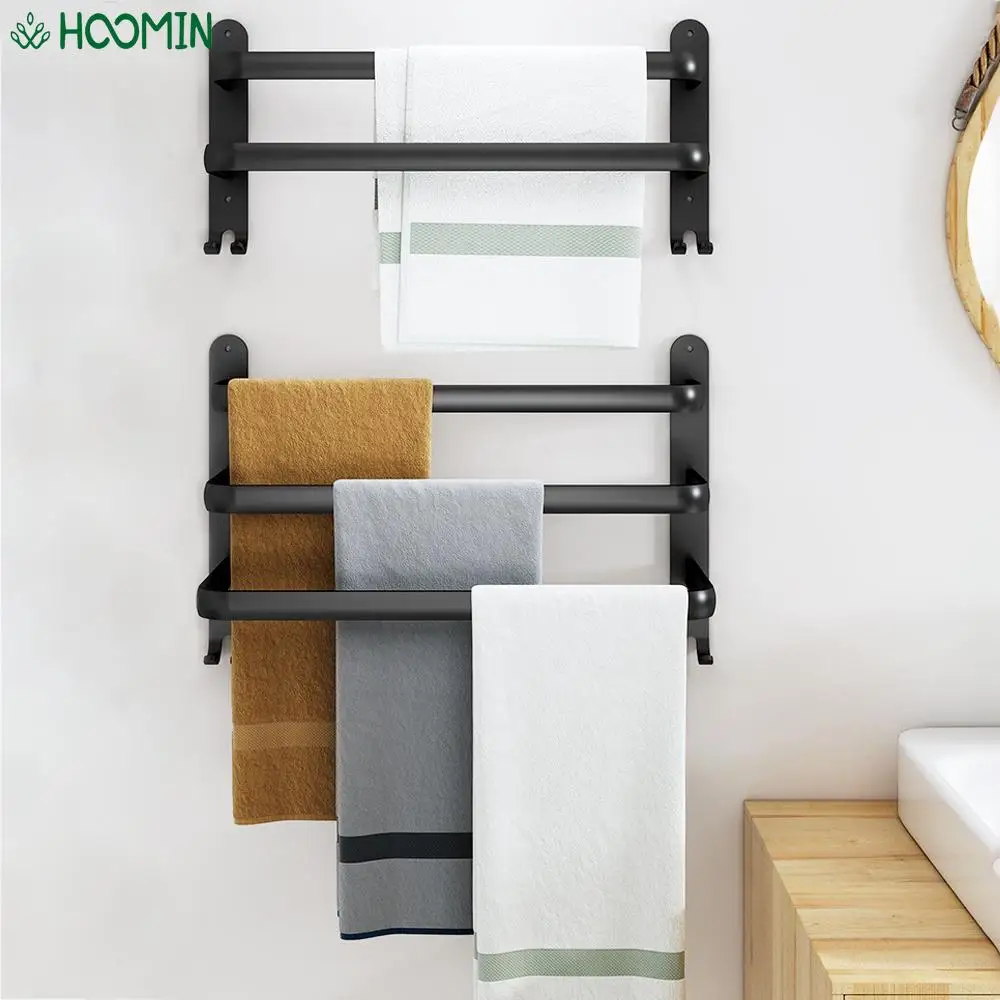

Towel Rack Wall-mounted Bathroom 3 Layers Towel Holder Punch-Free Toilet Storage Shelf Aluminum alloy Rail Shower Hanger