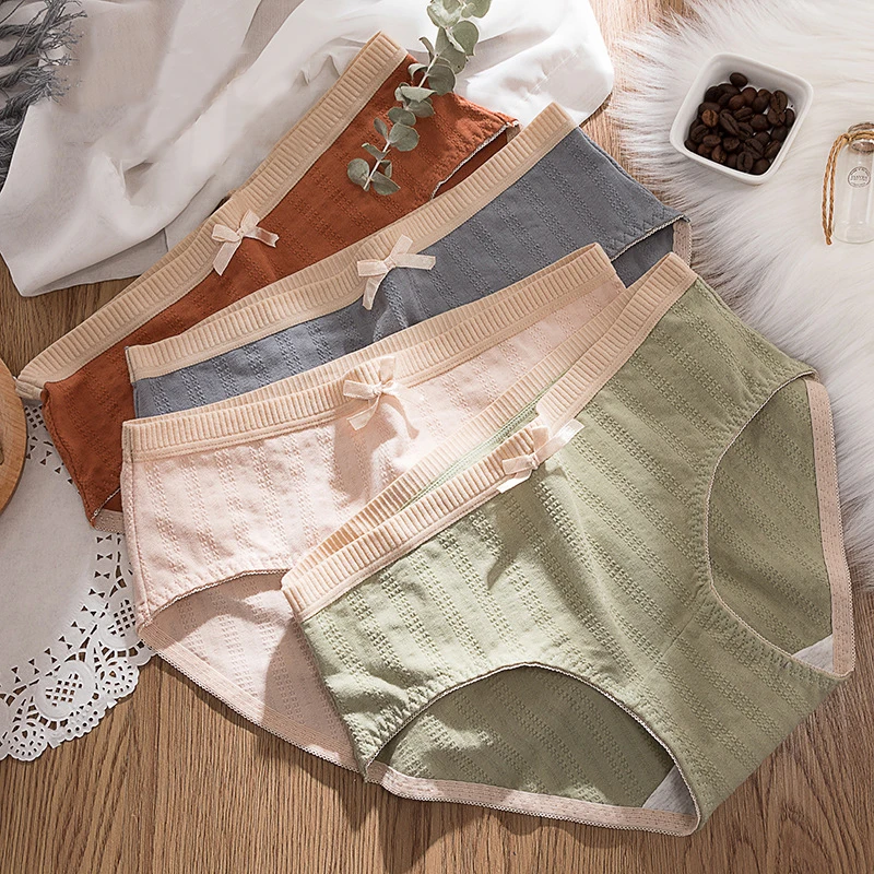 

Wasteheart Women Fashion Green Blue Bow Cotton Mid Waist Panties Underwear Lingerie Briefs M L XL Plus Size Seamless