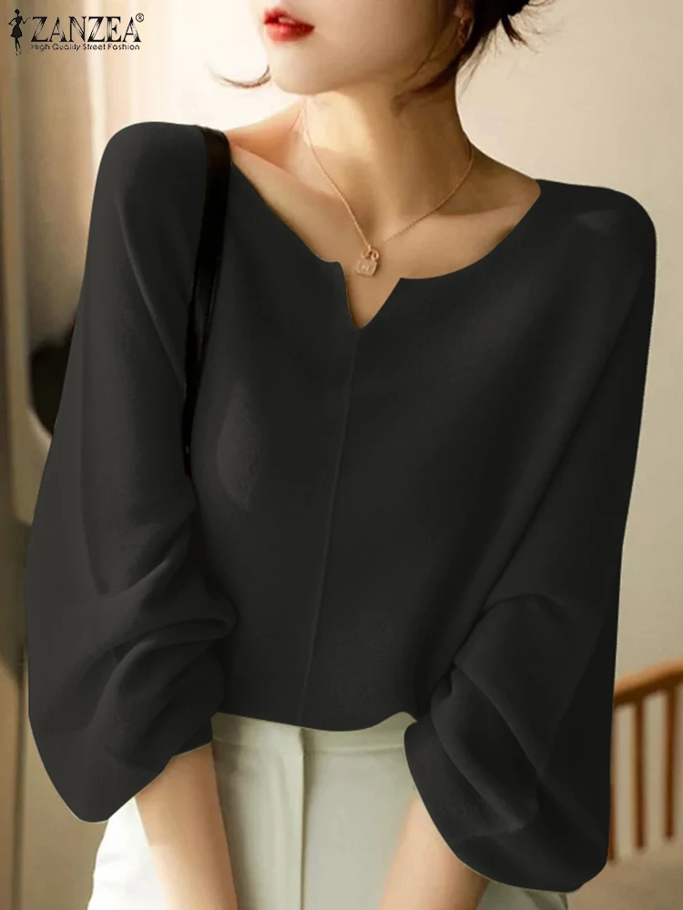 

ZANZEA Autumn Fashion Puff Sleeve Blouse Woman Solid Color V Neck Tops Elegant Party Blusas Female Casual Street Shirt Oversized