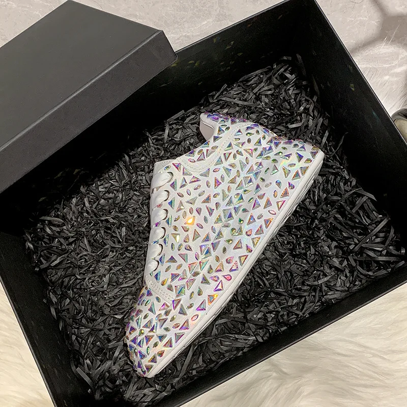 Women Rhinestone Sneakers Fashion Thick Soled Anti-skid Casual High Pink Silver Shoes Spring New Crystal Tennis Shoes Size 35-40