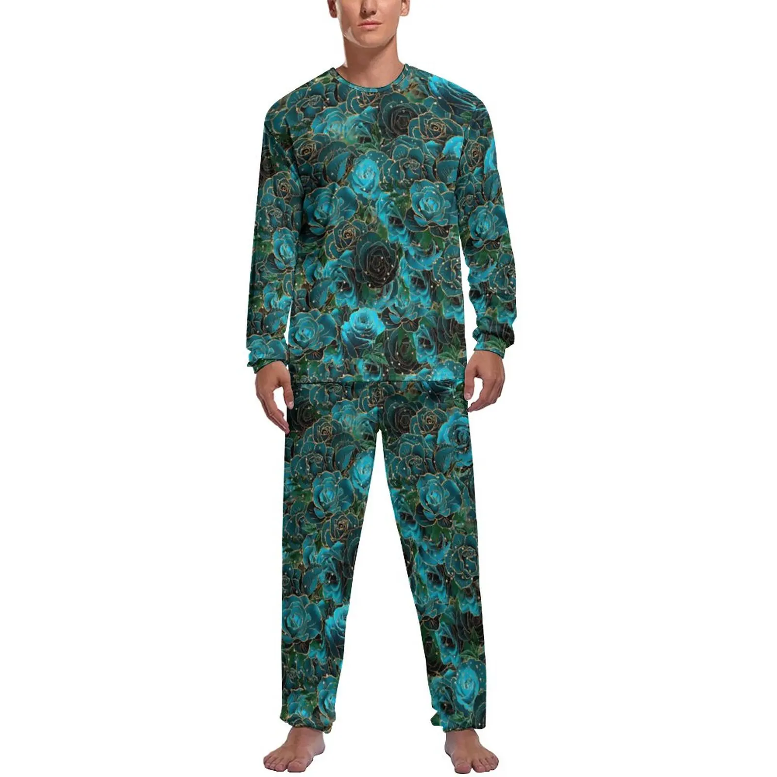 

Teal Rose Print Pajamas Winter Gold Glitter Floral Casual Nightwear Men Two Piece Graphic Long Sleeves Retro Pajama Sets