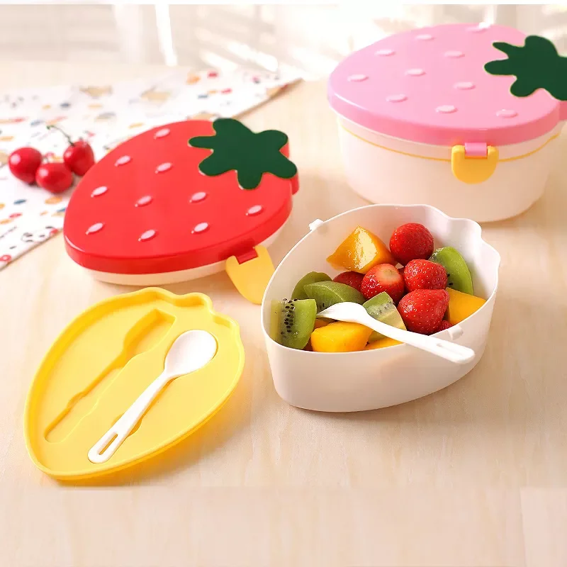 

20222 Layer Bowl Strawberry Shape Lunch Box 500ml Double Storage Bento Boxs Food Fruit Cute Microwave Tableware Bowl for Kids Sc