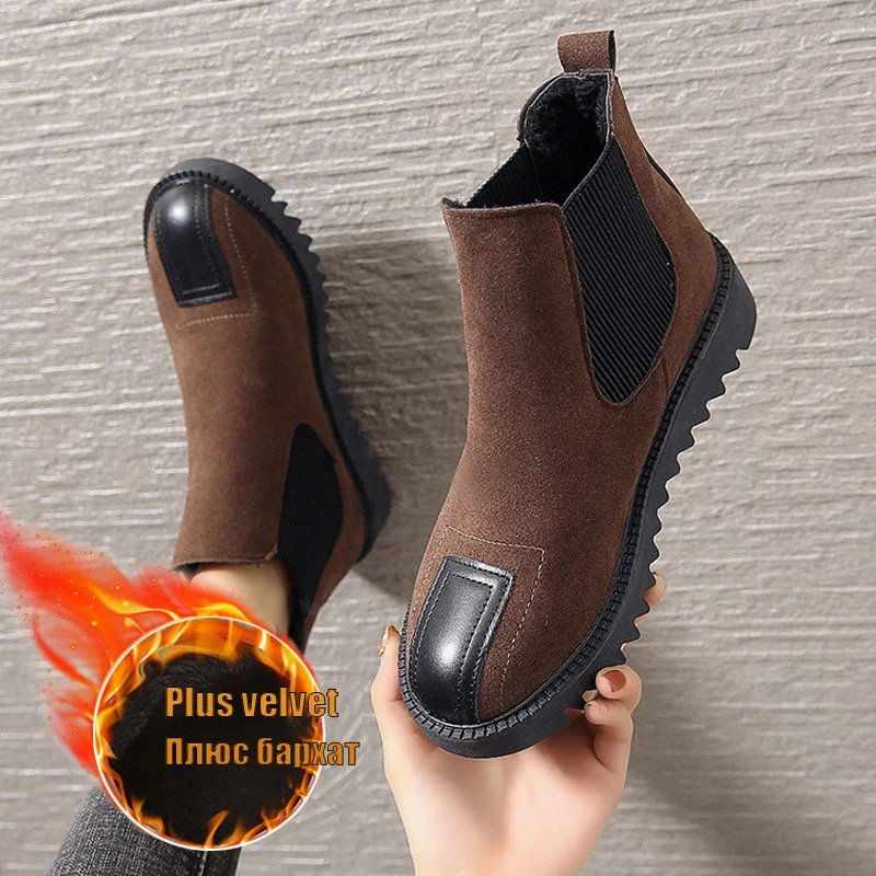 

Женские бархатные ботильоны на платформе, короткие ботинки челси на плоской подошве в стиле ретро, Осень-зима 2022