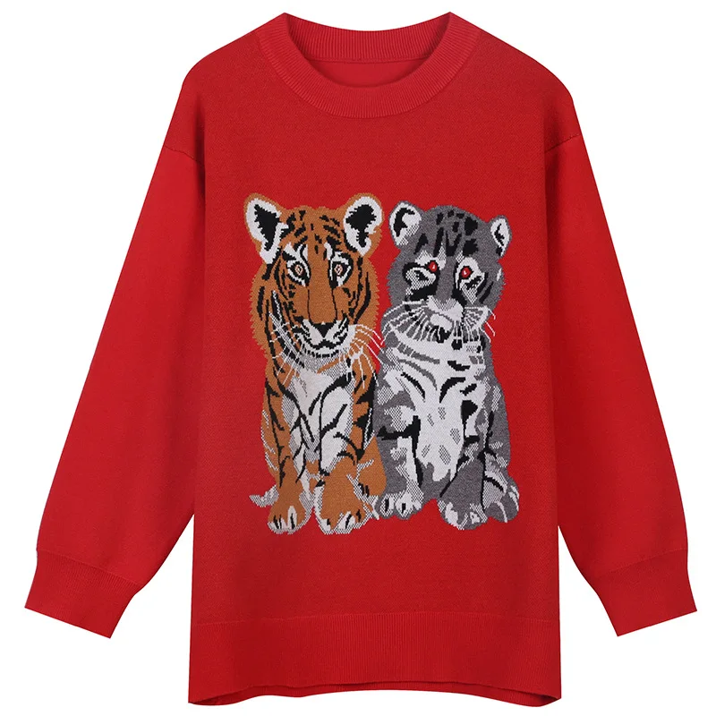 

Новинка 2022, приталенный пуловер с длинными рукавами и вышивкой тигра, свитер с круглым вырезом, женский весенний уличный свитер с длинными р...