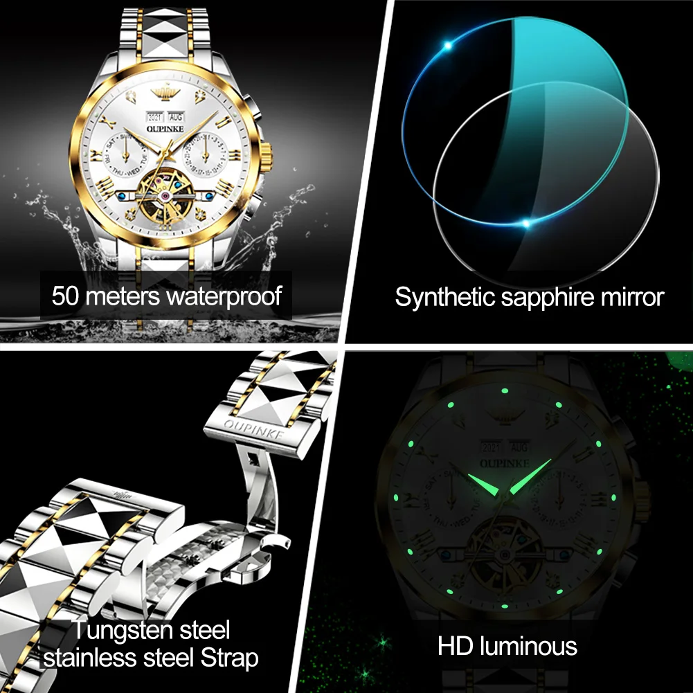 OUPINKE Luxury Couple Watches Waterproof Luminous Sapphire Tungsten Steel Skeleton Business Couple Watch's Set Necklace Bracelet