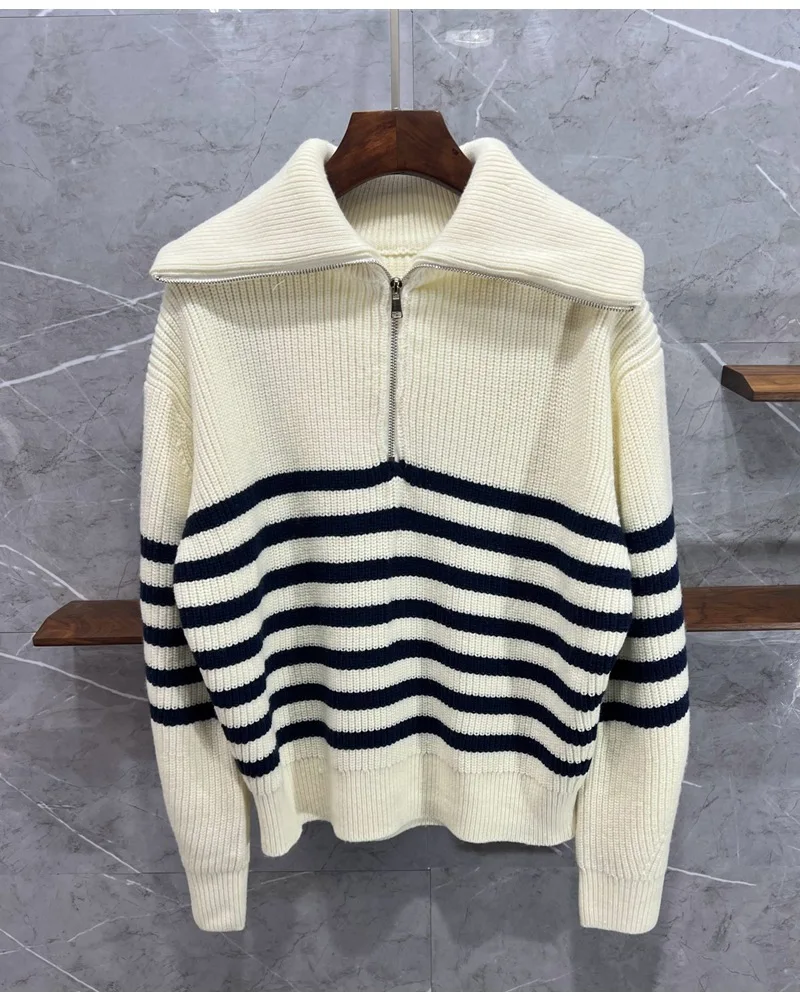 High Quality Wool Knitted Sweaters 2022 Autumn Winter Pullovers Women Turn-down Collar Striped Patterns Beige Dark Blue Jumpers