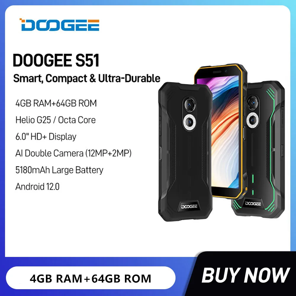 DOOGEE S51 Rugged Waterproof Smartphones 12MP AI Double Camera Octa Core 4GB +64GB 6.0 Inch HD 5180mAh Battery NFC Mobile Phones