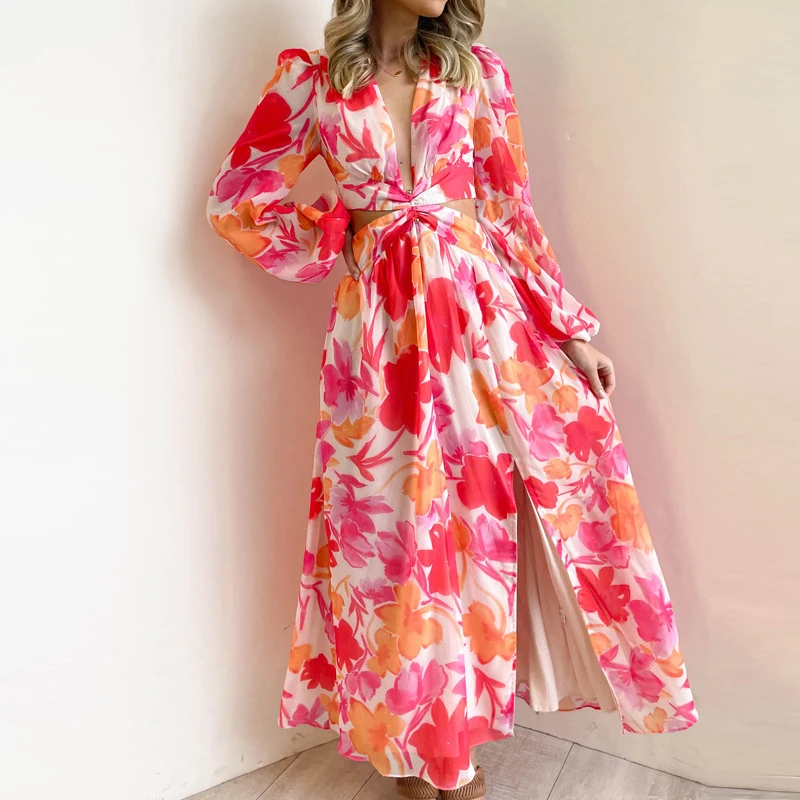 

Женское длинное платье с V-образным вырезом и длинным рукавом