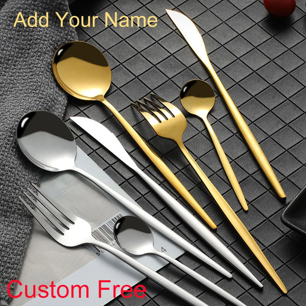 Custom Gift Personalized Name Colorful Dinnerware Set Stainless Steel Cutlery Set Kitchen Gold Tableware Set Knife Fork Spoon