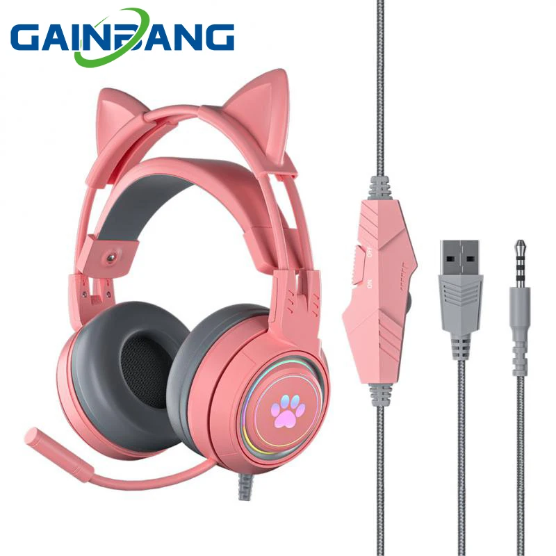 GAINBANG SY-G25 Wired Headphones For PC Computer Gaming Earphones Detachable Cat Ear Luminous With Mic Noise USB 3.5mm Headsets