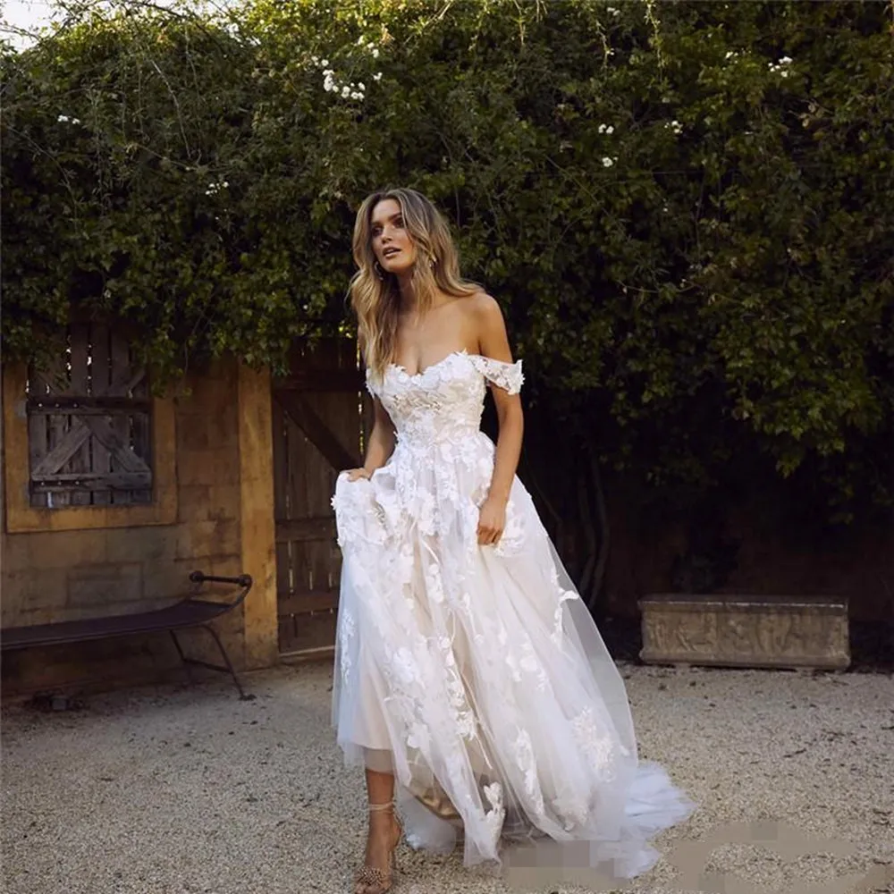 

Elegant Off the Shoulder Beach Wedding Dresses with 3D Floral Applique 2022 Tulle Custom Gown Vestido De Novia