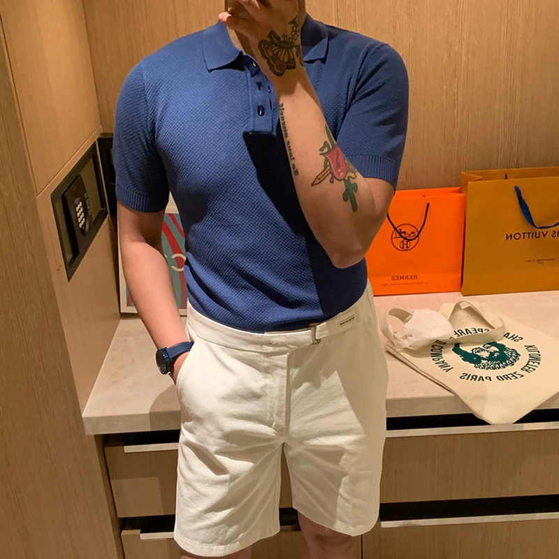 

2022 Men's Summer New Solid Color Turn Down Collar British Fashion Shirts Tops Male Business Fashion Knitted Polos Shirts