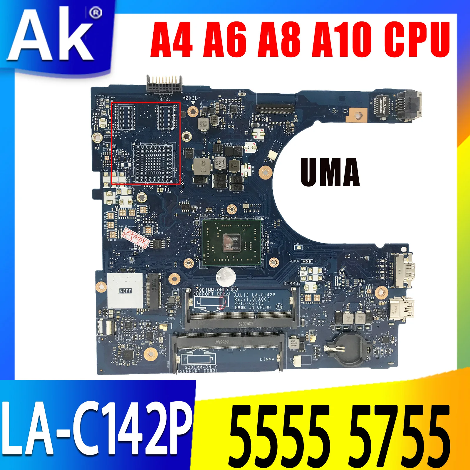 

FOR dell INSPIRON 5555 5455 5755 Laptop Motherboard AAL12 LA-C142P CN-09J3FV 0799KM Mainboard w/ A4 A6 A8 A10 cpu DIS or UMA