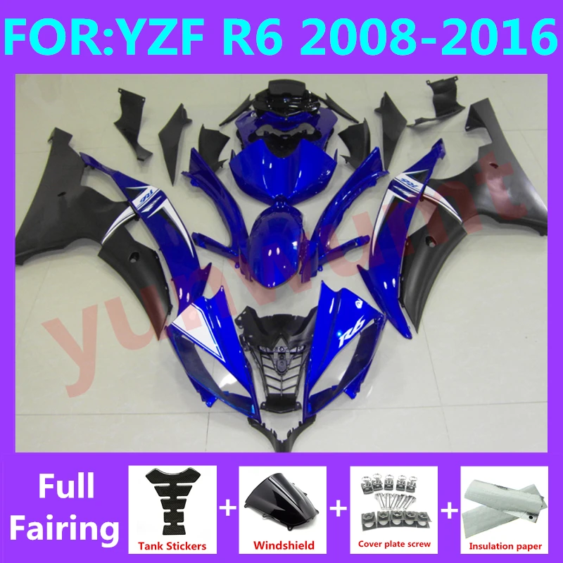 

Полный комплект обтекателей для мотоцикла, подходит для YZF R6 2008 2009 2010 2011 2012 2013 2014 2015 2016 годов, Обтекатели для кузова черного и синего цвета