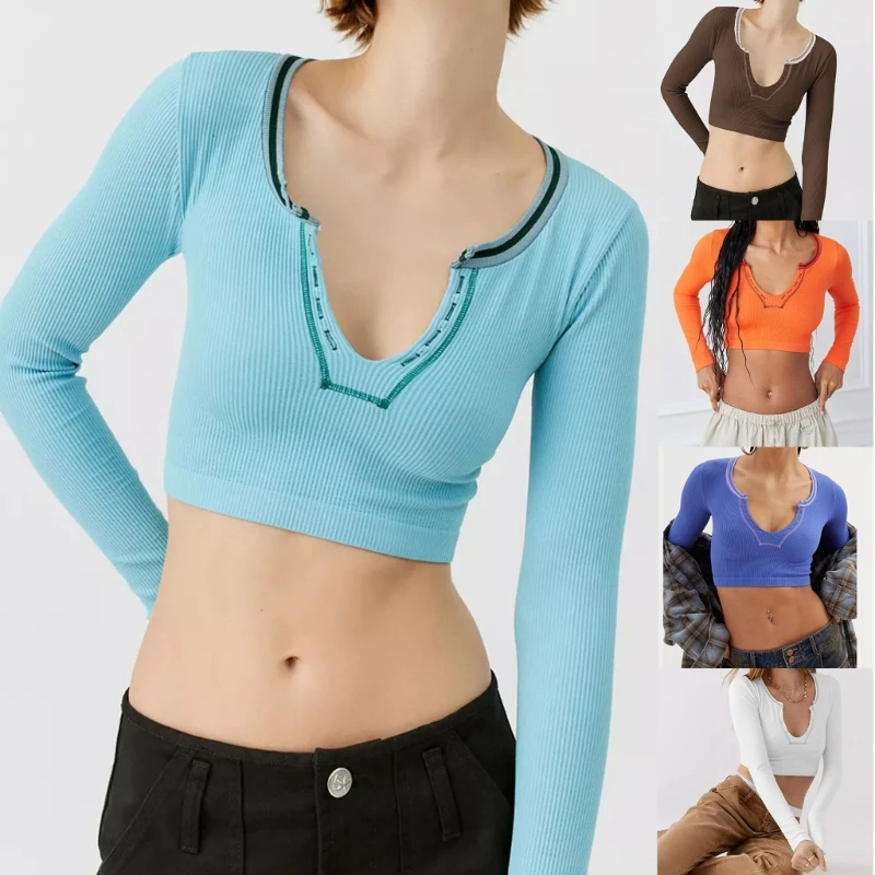 

Женщины Y2k узкие укороченные топы с длинным рукавом V-образным вырезом облегающие рубашки ребристый вязаный пуловер Cami