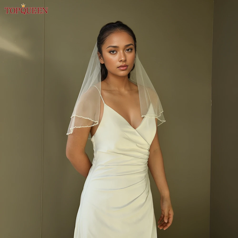 TOPQUEEN V173 Свадебная фата длиной до плеч 2-слойная с расческой румяна жемчугом для