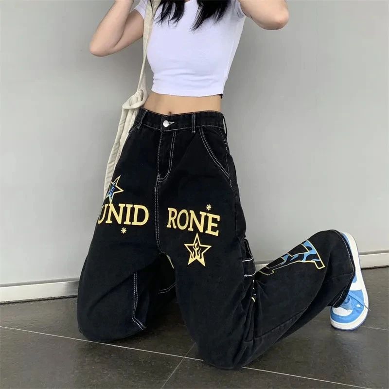 New Y2k Retro Printing Alphabet Men'S Jeans Printing American Straight Casual Jeans Men And Women Hip-Hop Trend Loose Trousers