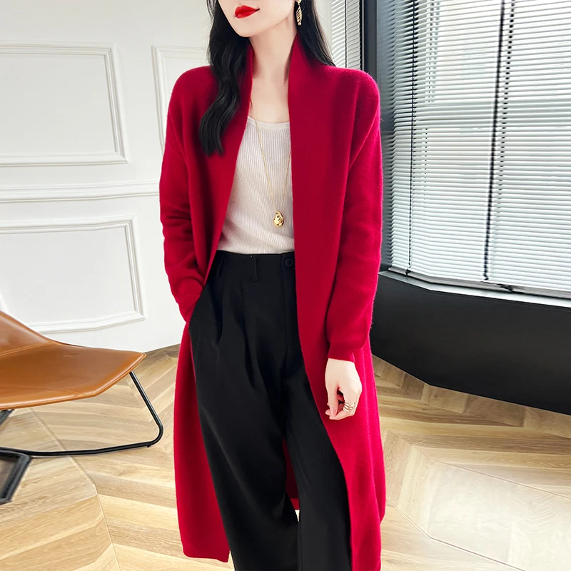 Осенне-зимний новый плотный длинный свитер женский вязаный кардиган с