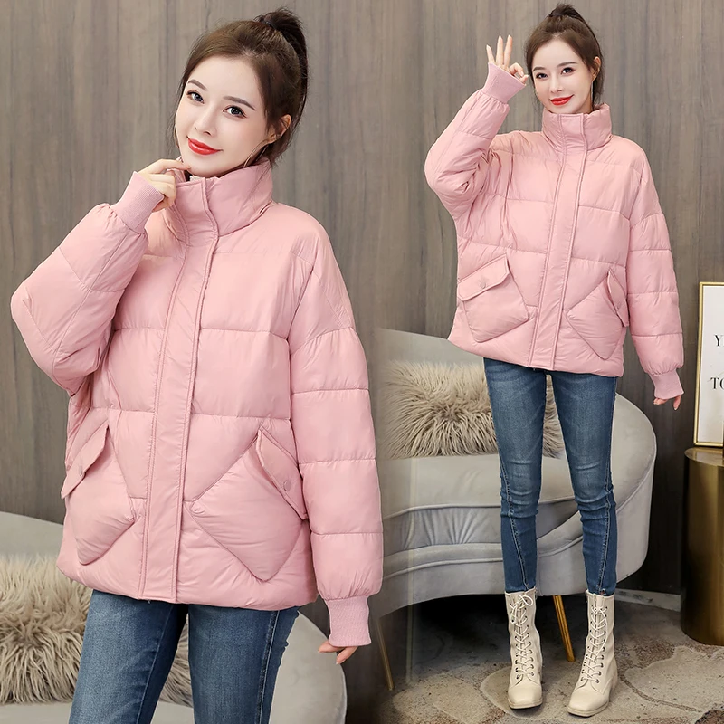Women's short cotton coat 2022 winter Korean version stand collar loose long sleeve zipper light slim slim down jacket