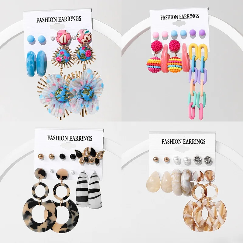 

2023 New Boho Earrings Set for Women Candy Color Acrylic Chain Drop Earring Large Geometric Fashion Jewelry Party Accessories