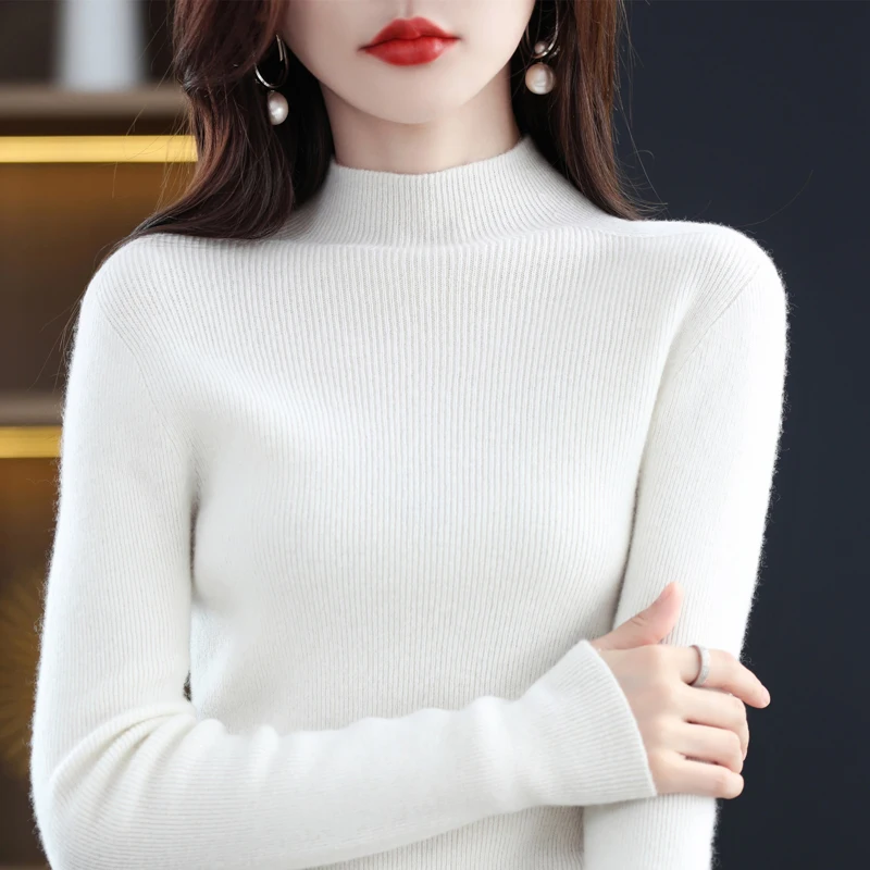 Autumn and Winter Women's Half Height Collar Vertical Stripe Slim Pullover Wool Sweater             D31