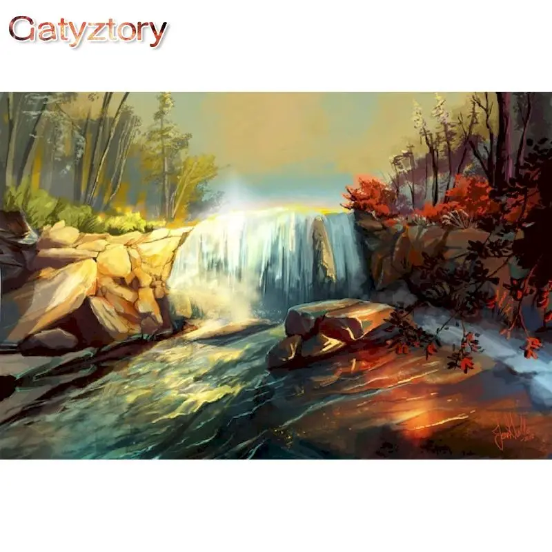 

GATYZTORY DIY Painting By Numbers For Adults Unique Gift HandPainted 40x50cm Frame Mountain Waterfall Scenery Paints Wall Decor