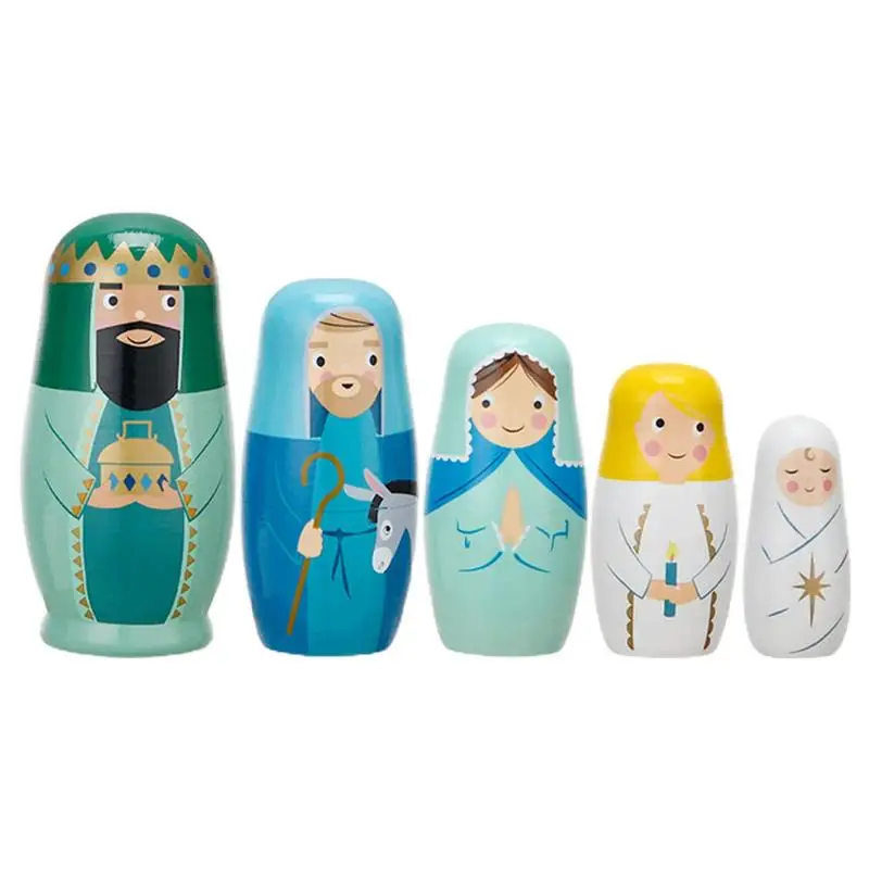 

5Pcs Wooden Russian Nesting Dolls Christmas Easter Birthday Gift Jesus Stacking Nested Toy Set For Home Room Decoration