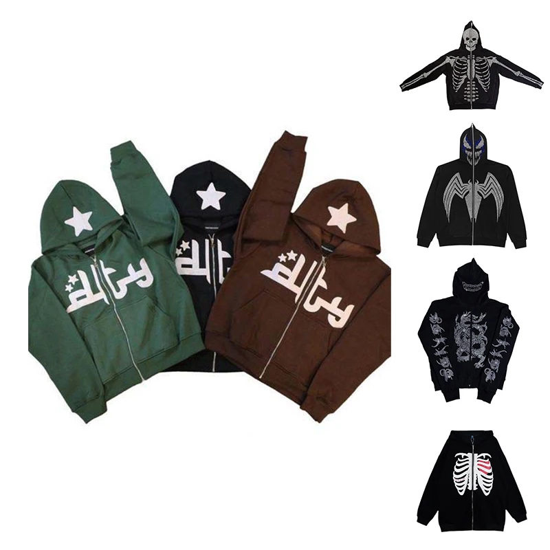 

Y2k Rhinestone Diamond Hoodies American Pocket Hip Hop Pocket Coat Sweatshirts Print Goth Punk Fleece Rib Bone Harajuku Hip Hop