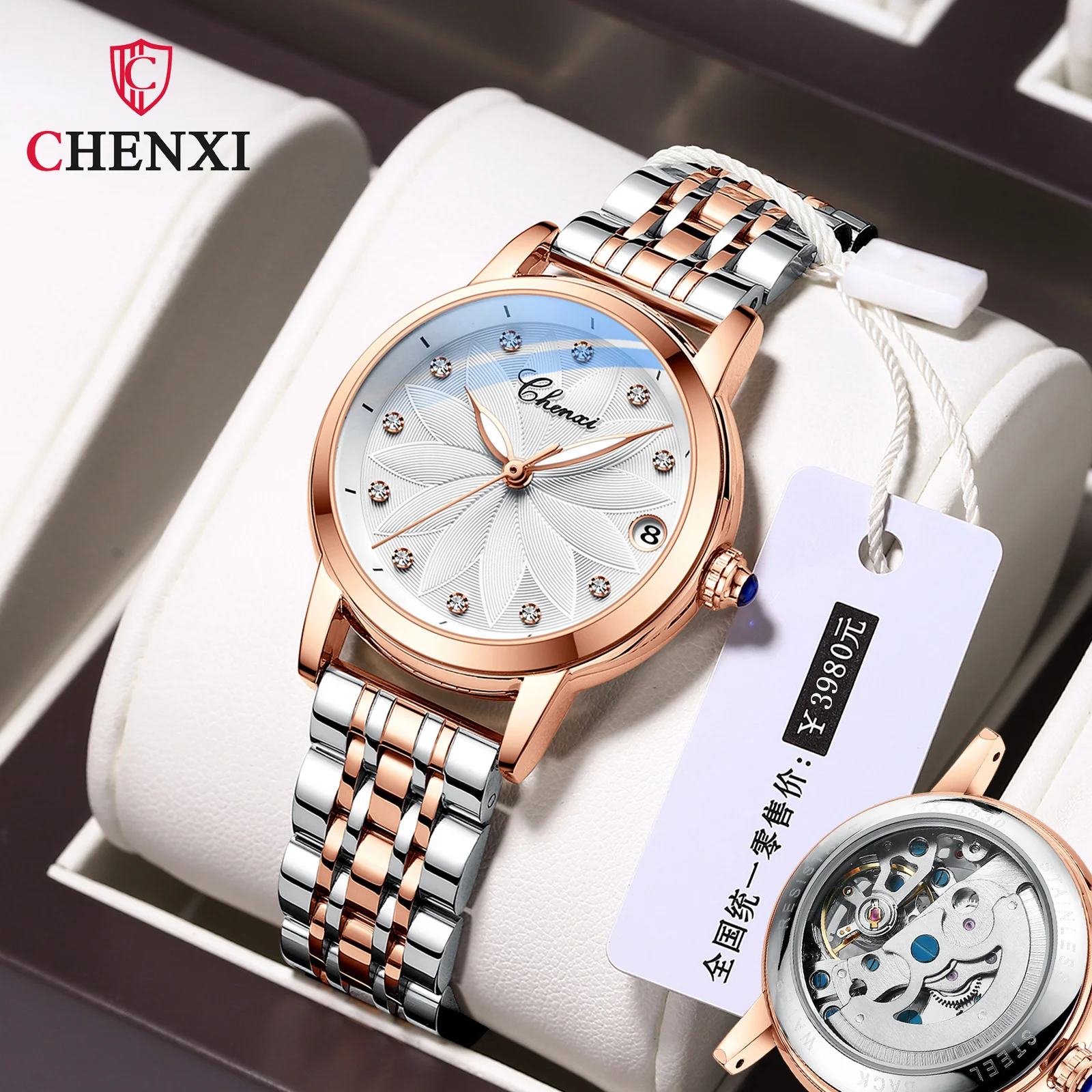 

CHENXI 8833 Women's Fashion Automatic Diamond Mens Inlaid Waterproof Luminous Calendar Mechanical Watch Mechanical-watch