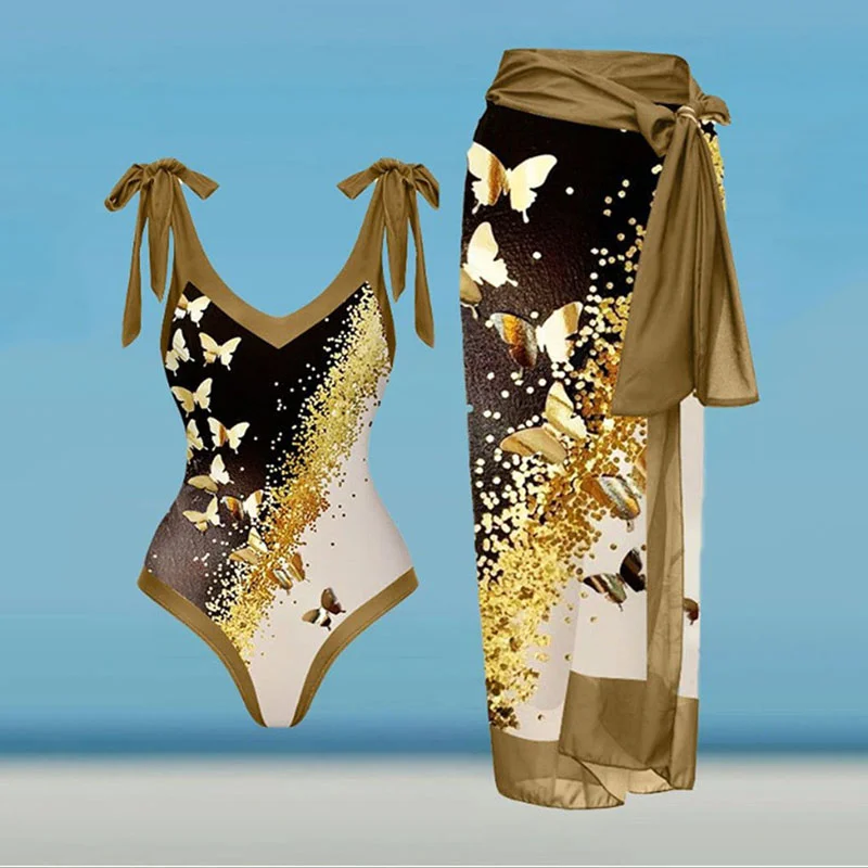 Women One Piece Swimsuit Swimwear Cover Up Retro Holiday Beach Dress Leopard Print Skirt Summer Surf Wear Bathing Suit