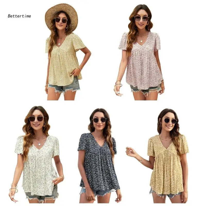 

B36D Women Babydoll Shirt Maternity Shirt Ruffle Hem Short Sleeve Babydoll Loose Fit