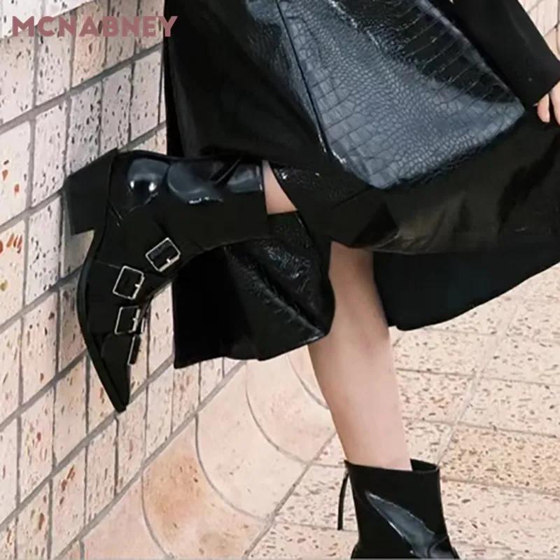 Black Cross Strap Belt Buckle Boots Pointed Toe Chunky Heel Back Zipper Ankle Boots Personality Handsome Casual Fashion Boots