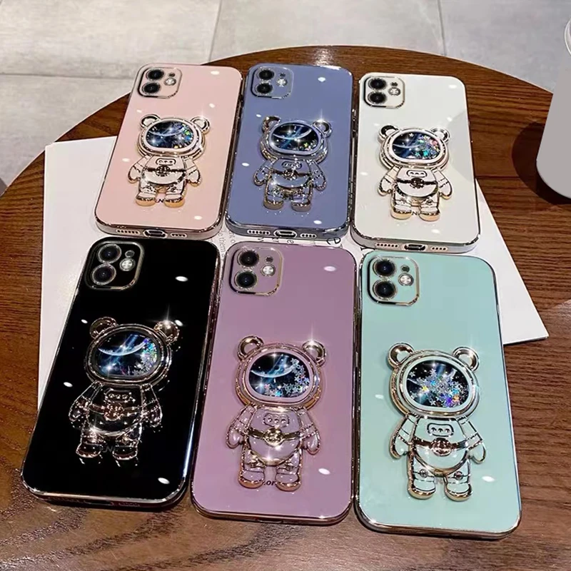 Cute Quicksand Space Bear Phone Case For iPhone 14 13 12 11 Pro Max Shell For iPhone 14 Plus 13 12 11 Kickstand Silicone Cover