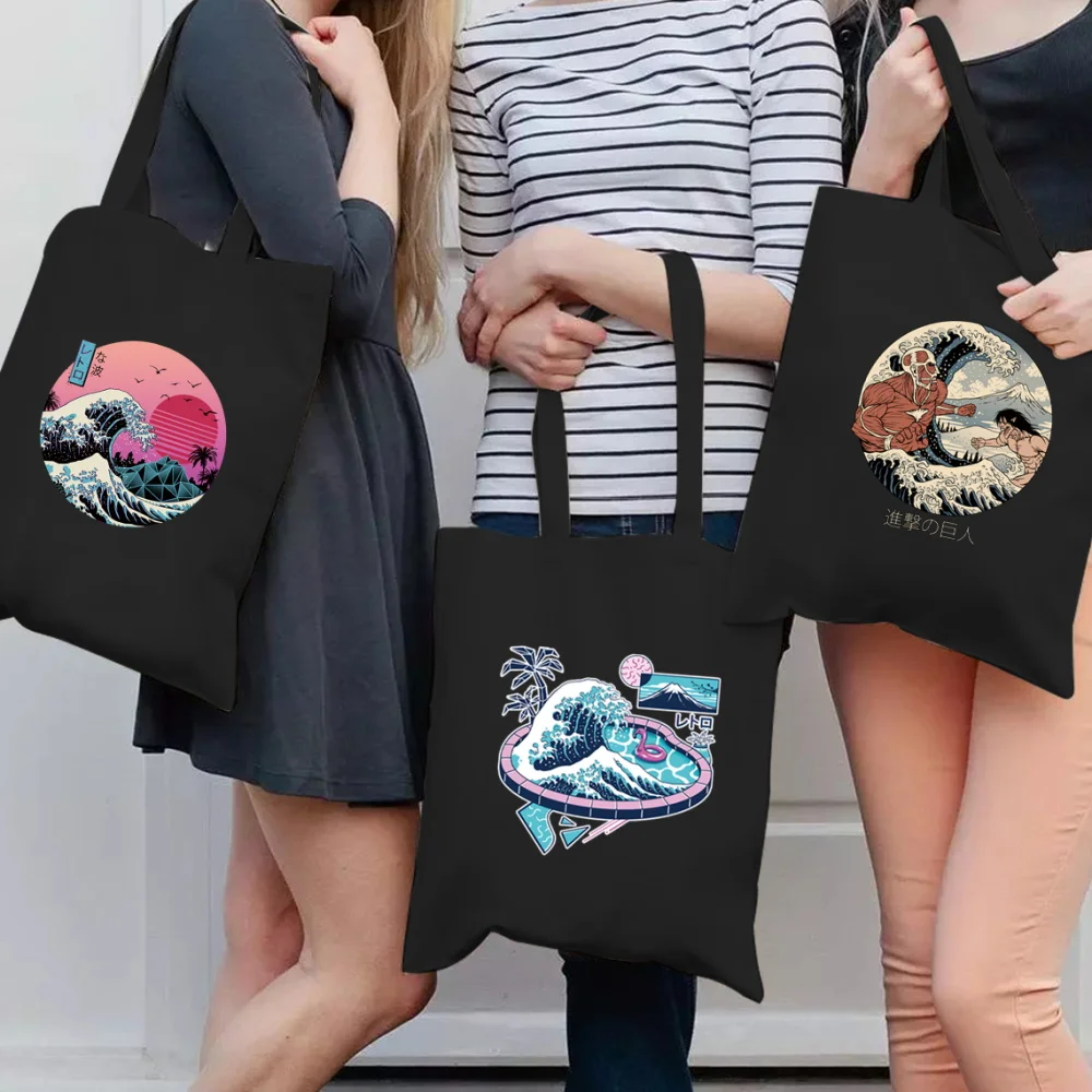 

Shopping Bag Kawaii Tote Bag Y2k Fashion Shoulder Shopper Bag Women Casual Travel Canvas Wave Pattern Printing All-match Handbag