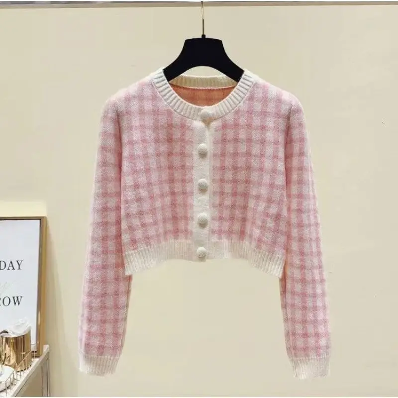 Женский трикотажный комплект из двух предметов клетчатый кардиган с высокой