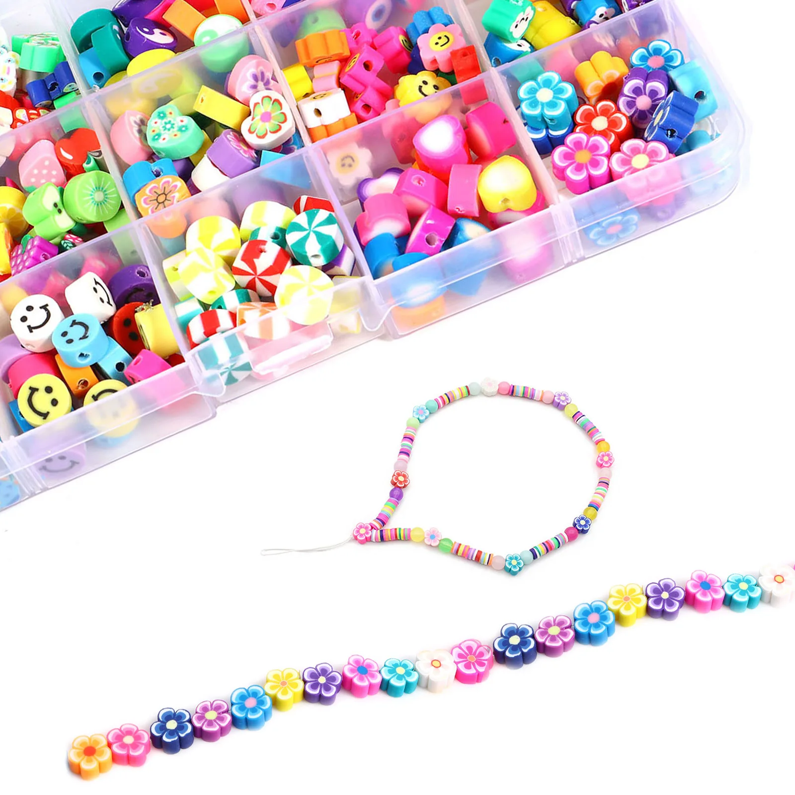 

1Box(300PCs/Box) Polymer Clay Beads Heart Flower At Random Color Pentagram Star Pattern Loose Beads For Girls DIY Making Jewelry