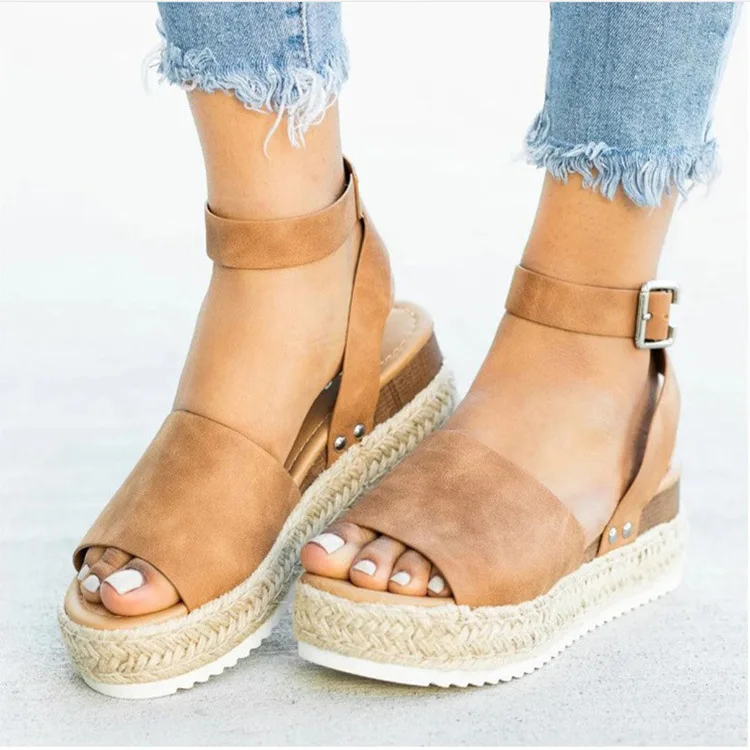 

New large size women's shoes European and American hemp rope wedge heel light bottom fish mouth sandals women