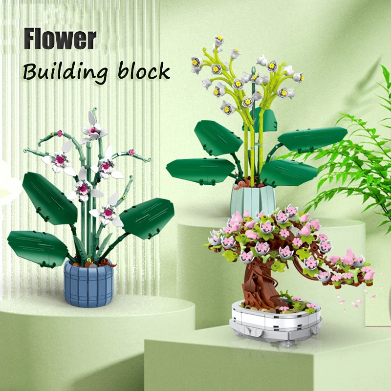 

Potted Cherry Blossom Building Blocks Green Plant Lily of The Valley Bouquet Home Decoration Diy Children's Educational Toy Gift