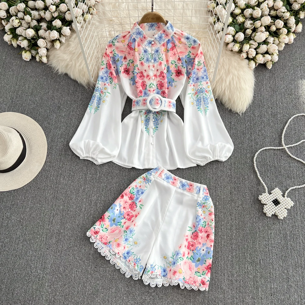 

Women's Fashion Suits Round Neck Lantern Sleeves Single Breasted Waist Printed Shirts Two Piece High Waist Wide Leg Shorts